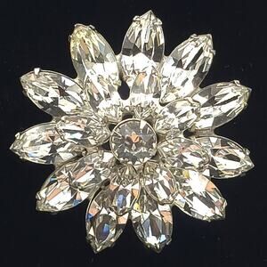 Clear Rhinestone Domed Brooch Layered Navette Floral Pin Silver Tone Statement